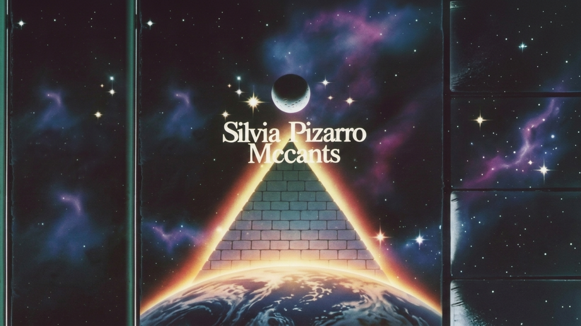 Space-themed design with pyramid, Earth, and stars, featuring the name 'Silvia Pizarro McCants'.